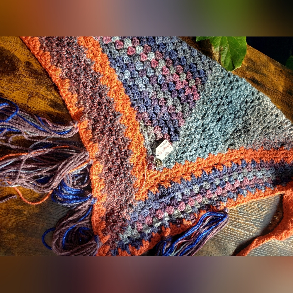NWT* Handmade wrap scarf💜 MarpleMade Designs,  the Mix Up scarf, denim/orange - Picture 7 of 11